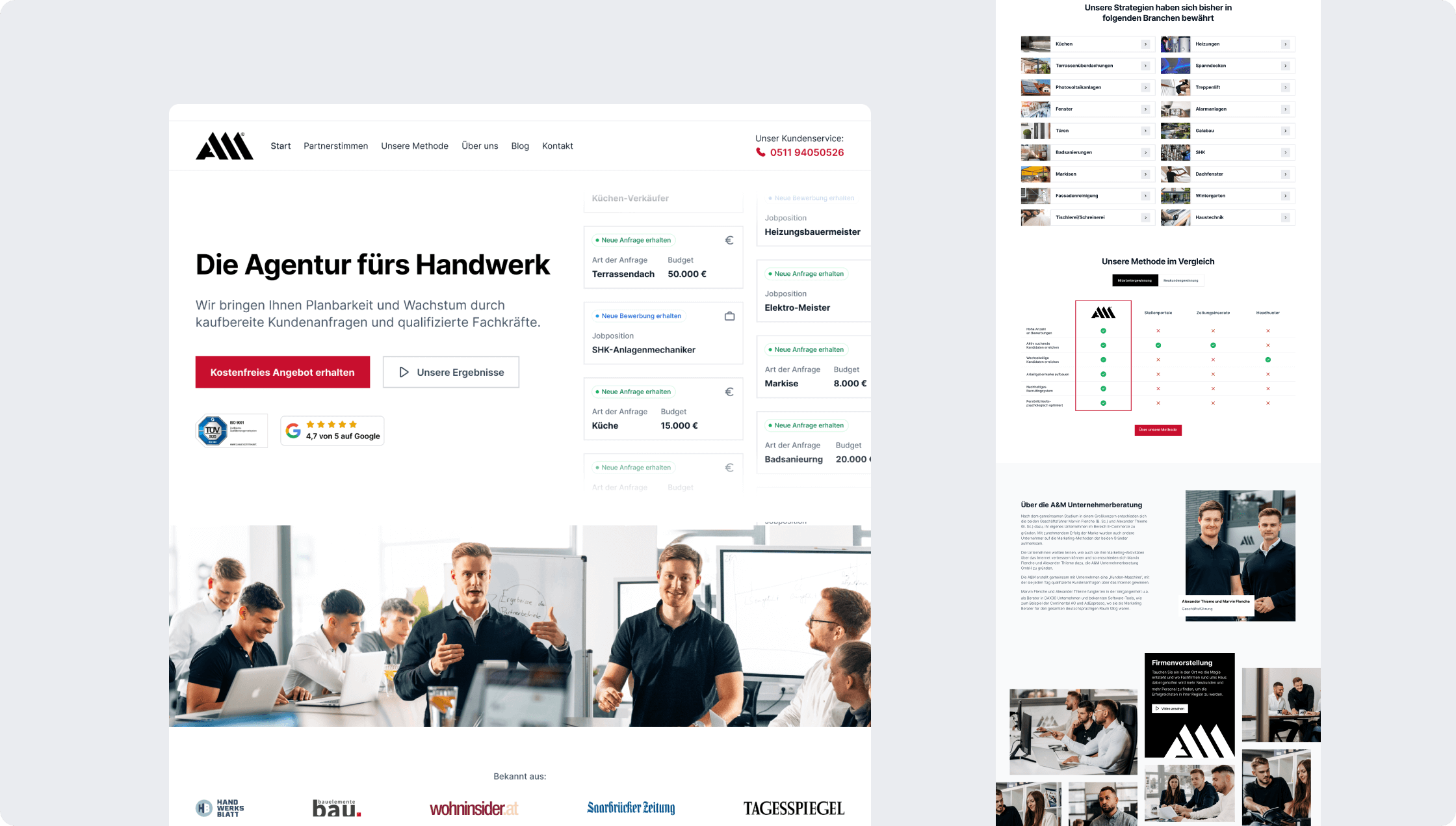 The new homepage of A&M Unternehmerberatung in detail